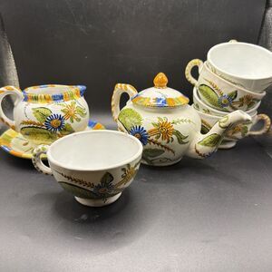 Vintage Spanish Pottery 5" Tea Pot, Creamer Plate, 5 Tea Coffee Cups HandPainted